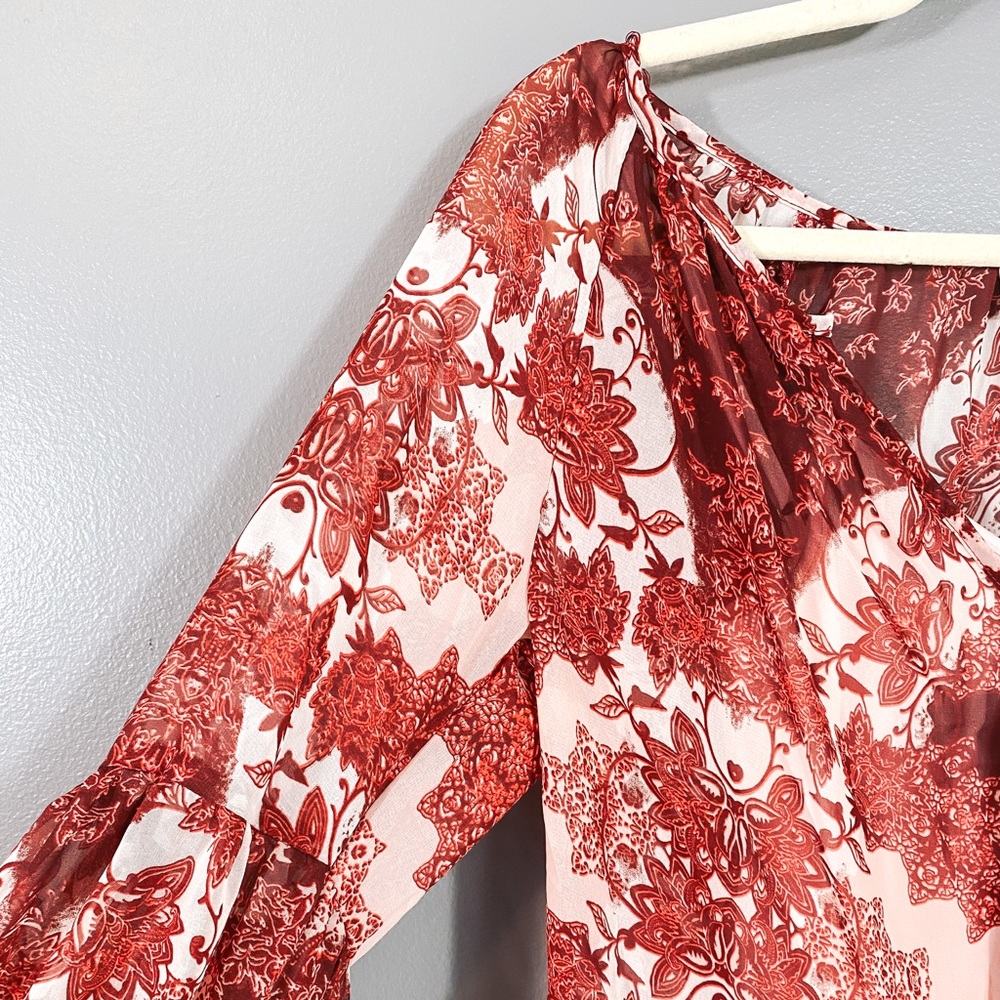 Show Me Your MuMu Rust and Cream Floral V-Neck Mini Dress - Picture 7 of 12